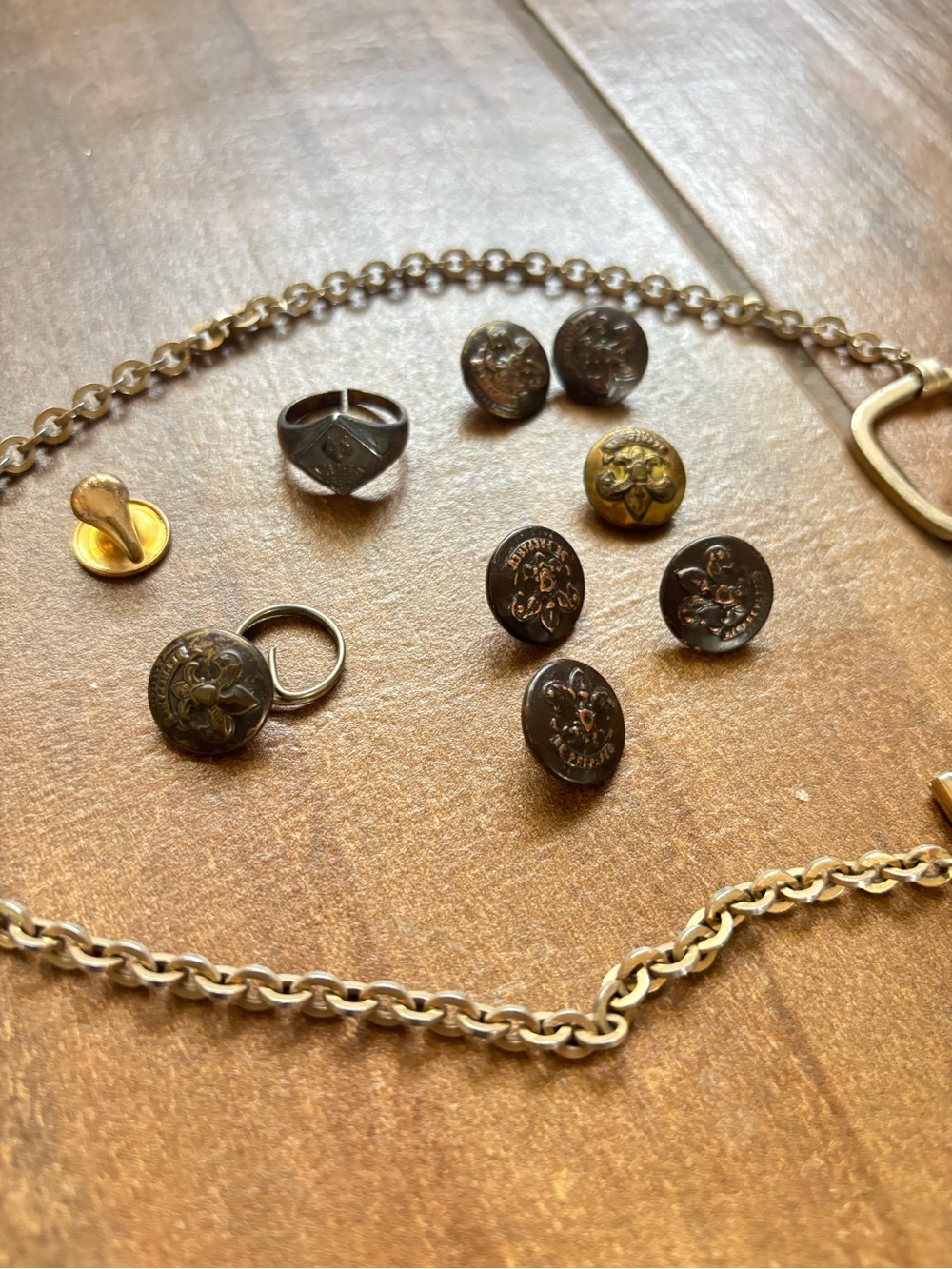 Vintage SWANK Men's Belt Chain Sterling BSA Boy Scout Ring Button Lot